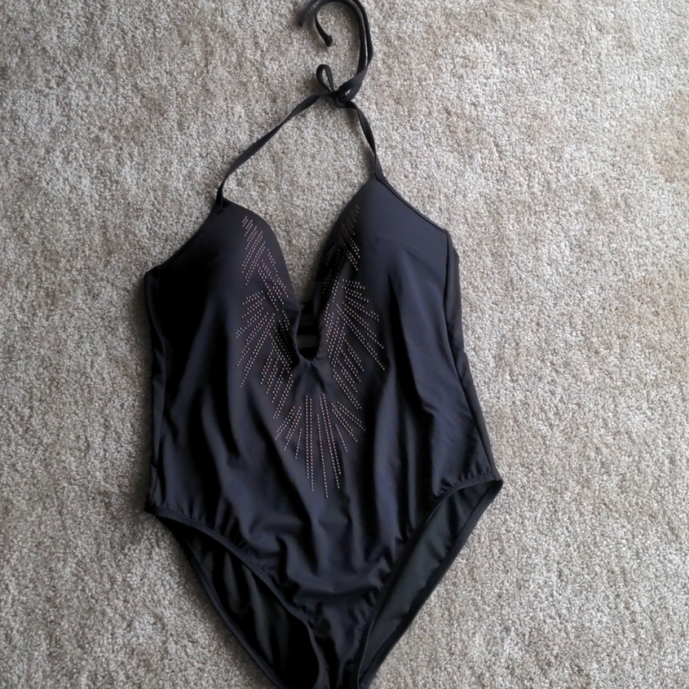 Kenneth Cole black halter one piece bathing suit